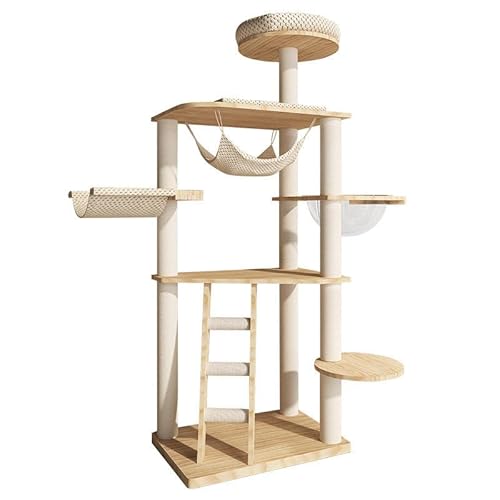 Moderner Katzenbaum mit mehreren Plattformen, Hängematten und Leiter, hochwertige Gummiholzkonstruktion, natürliche Holzfarbe, luxuriöser Katzenturm aus Holz mit mehrschichtiger Plattform. von Generic