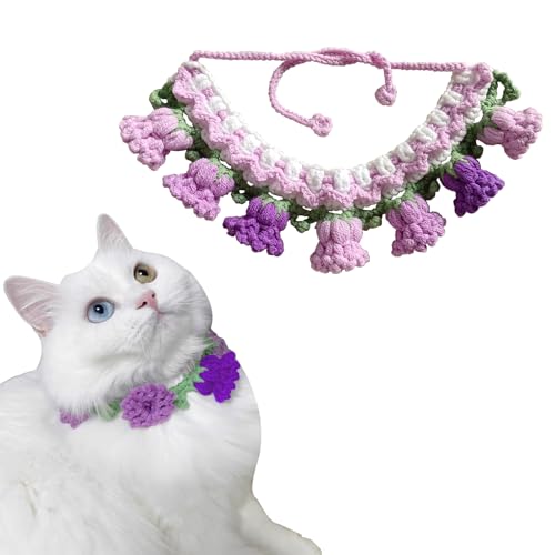 Niedliches Katzenhalsband, verstellbar, gestrickt, Haustier-Lätzchen, ausgefallenes Mädchen, weiblich, Junge, Katze, Zubehör, Strick-Hundehalstuch, bequem, gehäkelt, Glocke, Blumenschal, von Generic
