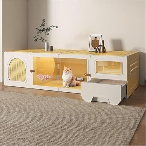 Niedliches Katzenhaus mit Katzentoilette, einfacher Katzenkäfig für den Innenbereich, PE-Katzengehege für den Innenbereich mit Schiebetür, Haustierkäfig mit Toilette (gelb) von Generic