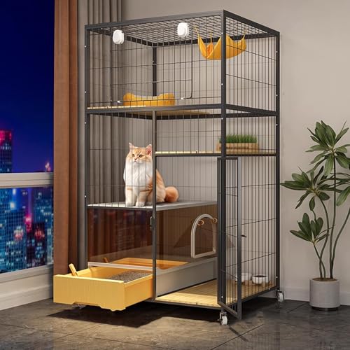 Outdoor Katzenhaus Winterfest Gross mit Leicht zu Reinigender, Katzenkäfig Wohnung mit Rädern, Leicht zu Bewegen 2/3/4-stöckige Katzengehege for Den Innenbereich(Black,76 * 56 * 148cm) von Generic