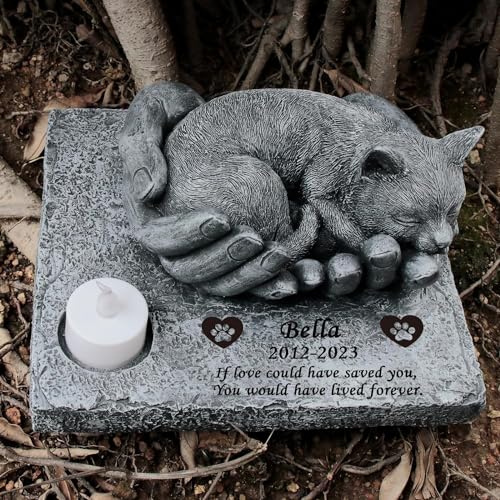 Personalisierte Katzen-Gedenksteine mit Kerzenhalter, Katzen-Gedenksteine, Gartensteine mit schlafender Katze, Statue in Gottes Händen, wasserdicht, Grabsteine, Grabstein, Beileidsgeschenke, 21,6 x von Generic