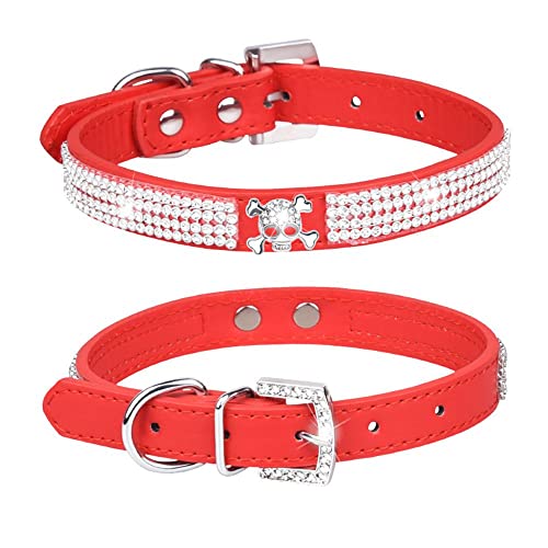 Pimaodog Halsband für Haustiere, Katzen, Hunde, Welpen, aus PU-Leder, glitzernd, mit Strasssteinen besetzt, Größe S: 21–27 cm, Rot-3 von Generic