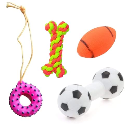 Quietschendes Kauspielzeug für Hunde/Welpen, quietschender Rugbyball + quietschender Stachelring + Baumwollknochen + quietschende schwarz-weiße Hantel – 4 Stück Quietschendes Kauspielzeug für Hunde/Welpen, quietschender Rugbyball + quietschender Stachelring + Baumwollknochen + quietschende schwarz-weiße Hantel – 4 Stück von Generic
