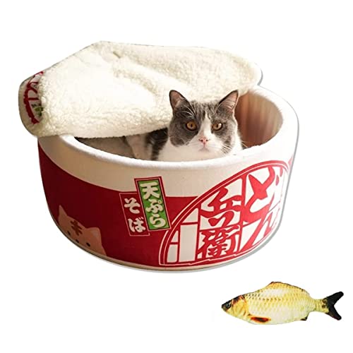 Ramen Katzenbett, niedliches Katzen-Schlafsofa, rutschfest, sofortige Nudelform, multifunktional, weich, warm, bequem, rundes Haustierbett (mittel, rot) von Generic