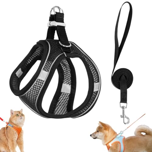 Stimulicat Katzengeschirr – ausbruchsicheres Set aus weicher Netzweste und Leine for Hauskatzen, No-Choke-No-Pull-Design mit Reflektorstreifen for sichere Spaziergänge(Black,Medium) von Generic
