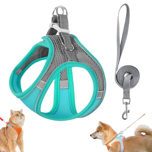 Stimulicat Katzengeschirr – ausbruchsicheres Set aus weicher Netzweste und Leine for Hauskatzen, No-Choke-No-Pull-Design mit Reflektorstreifen for sichere Spaziergänge(Gray+Green,Large) von Generic