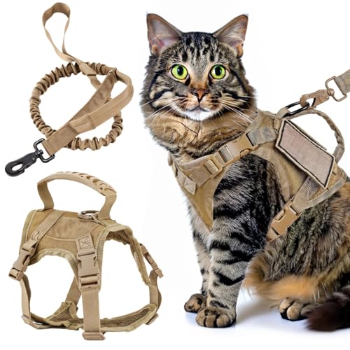 Taktisches Katzengeschirr mit verstellbaren Trägern, weiche Netzpolsterung, Khaki-Farbe mit Kontrollgriff und Leine von Generic
