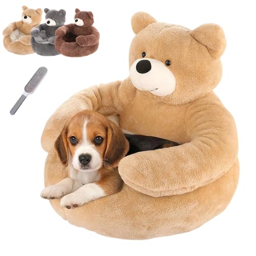 Teddy Bear Dog Bed with Arms,Semi-Enclosed Cute Plush Pet Beds Cuddler Bear Hug Design,Warm Soft Calming Cat Dogs Beds with Removable Washable Cover Non-Slip Bottom (Khaki, XL) von Generic