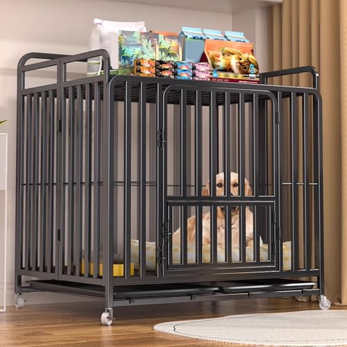 Transportbox Hund Hundebox Schrank Hunde Käfig Faltbares Design Interaktives Panorama-Dachfenster Aus Metall Mit Universalrädern und Tablett 3 Größen(Black,125 * 98 * 110cm) von Generic
