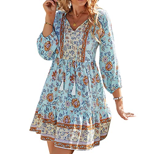 V-Ausschnitt, Blumendruck, Rüschenmanschette, Quaste, Bindekleid, Lässig, Modisch, 3/4-Ärmel, Spleißsaum, Hohe Taille, Strandpartykleid für Damen (M) von Generic