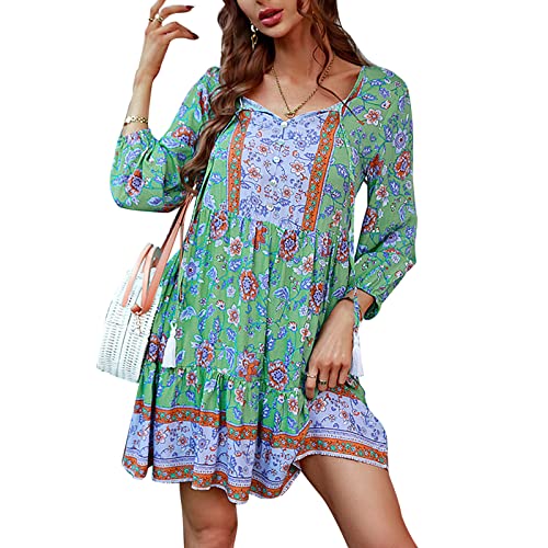 V-Ausschnitt, Blumendruck, Rüschenmanschette, Quaste, Bindekleid, Lässig, Modisch, 3/4-Ärmel, Spleißsaum, Hohe Taille, Strandpartykleid für Damen (S) von Generic