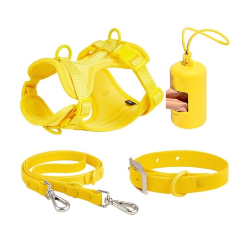 Verstellbares Hundegeschirr, Halsband und Leine, Set mit kostenlosem Kotbeutelspender und Halter, weiches Netzgewebe, für Welpen, Gelb, Größe S von Generic