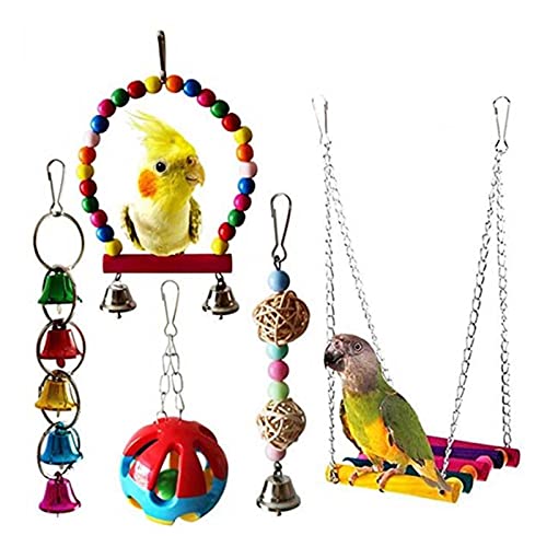 Vogelspielzeug Papagei Vogel Hängen Kauspielzeug Sets Rattan Ball Biss Swiss Glocke Hölzerne Hängematte für Sittiche Finches Lovebirds Pet Zubehör ( Color : C(5PCs) ) von Generic