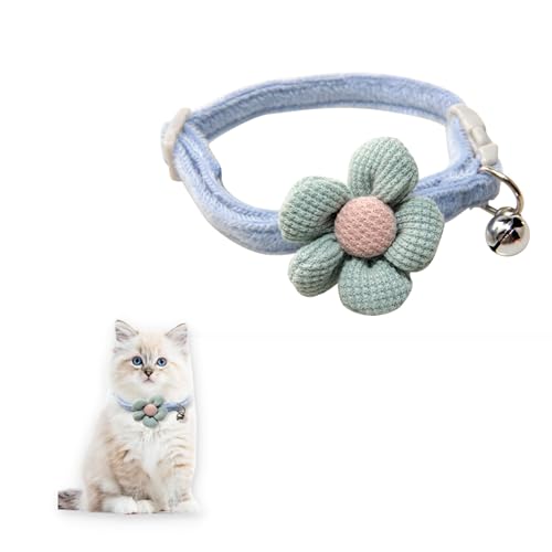BIKOZ Katzenhalsband mit Glöckchen, Halsband für kleine Rassen, verstellbar, abnehmbares Glöckchen, weiches Halsband mit Blume für Welpen, Größe 22-29 cm, kleine Tiere (hellblau) von Genérico