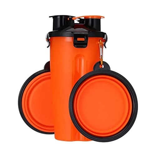Generico Trinkflasche für Hunde für Wasser und Lebensmittel, große Größe mit 2 zusammenklappbaren Schüsseln, platzsparend, für Spaziergänge, bequem, Wasser + 250 g, Kroketten (Orange) von Generico