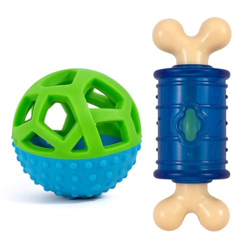 Interaktives Spielzeug für Welpen und kleine Hunde, Gummiball mit Rassel und nachfüllbarem Knochen, Gummispielzeug für Futter, Futter oder Snacks, Hundespielzeug, Packung mit 2 Spielzeugen von Genérico
