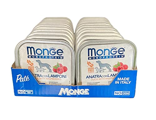Monge Monoprotein Nassfutter Ente mit Himbeeren, natürlich ohne Farbstoffe, Konservierungsstoffe und Zuckerzusatz, Katzenfutter Hundefutter, 24er Pack (1 = 150 g) von Generico