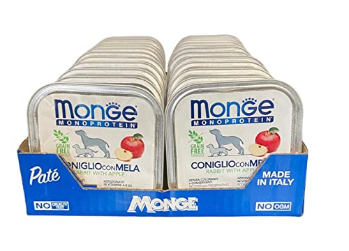 Monge Monoprotein Nassfutter für Hunde Kaninchen mit Apfel, natürlich ohne Farbstoffe, Konservierungsstoffe und Zuckerzusatz 24er Pack (1 = 150g) von Generico