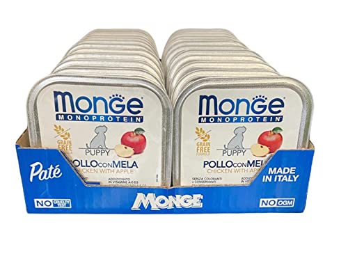 Monge Monoprotein Puppy Nassfutter für Hunde Huhn mit Apfel, ohne Farbstoffe, Konservierungsstoffe und Zuckerzusatz, Packung mit 24 Schalen (1 = 150 g) von Generico