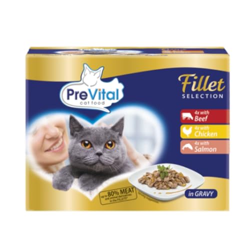 PreVital Nassfutter für Katzen mit Rind, Huhn und Lachs in Sauce, 12 Beutel à 85 g von Generico