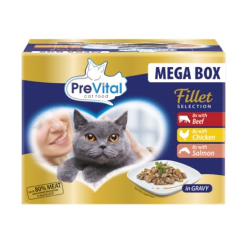 PreVital Nassfutter für Katzen mit Rind, Huhn und Lachs in Sauce, 24 Beutel à 85 g von Generico