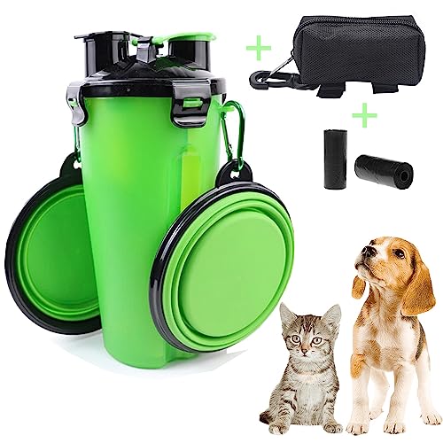 Hund Wasserflasche, Tragbare Wasserflasche Hunde und Katzen, 2-in-1-trinkflasche für Futter und Getränke Haustiere, 2 Faltbare Schüsseln, Kotbeutel und 30 Beutel, geeignet für den Außenbereich (grün) von Genérico