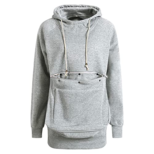 Christmas 2024 Weihnachten Frauen Pet Pouch Mantel mit Kapuze Langarm Große Tasche Pullover Jacke Katze Welpen Halter Solide Kapuzenpullover Damen Sweatshirt (Grau, S) von Générique