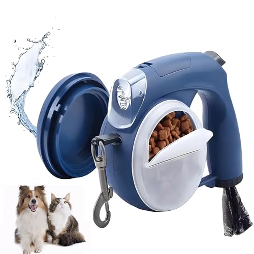Einziehbare Leine für Hunde und Katzen, 5 in 1, mit Trockenfutterspender und Wasserschale, tragbar, integrierte LED, Aufbewahrungsbehälter für Lebensmittel, Spender für Hundekotbeutel (rot) von Générique