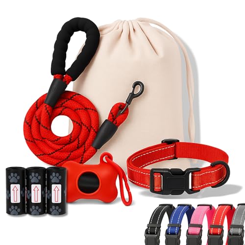 Hundespazier-Set – verstellbares Halsband (XS bis L), Leine, Spender + 3 Rollen Kotbeutel – wiederverwendbarer Leinenbeutel – Farben zur Auswahl (Schwarz, Blau, Rosa, Rot oder Grau) (Rot, M) von Générique