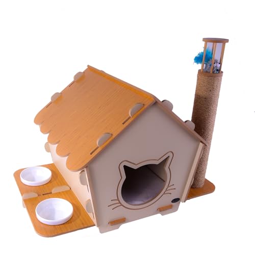 Katzenhaus 3 in 1 – Höhle mit waschbarem Kissen, Kratzbrett aus Jute, Spielzeug zum Aufhängen und 2 integrierten Näpfen – Holz MDF 8 mm – kompaktes Innendesign – 40 x 67 x 47 cm – einfache Montage von Générique