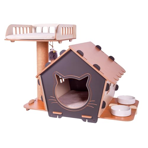 Katzenhaus 3 in 1 aus Holz – Höhle mit waschbarem Kissen, Kratzbrett aus Jute, Spielzeug zum Aufhängen und 2 integrierten Näpfen, kompaktes Design innen, 8 mm MDF, 38 x 45 x 55 cm, einfach zu Katzenhaus 3 in 1 aus Holz – Höhle mit waschbarem Kissen, Kratzbrett aus Jute, Spielzeug zum Aufhängen und 2 integrierten Näpfen, kompaktes Design innen, 8 mm MDF, 38 x 45 x 55 cm, einfach zu von Générique