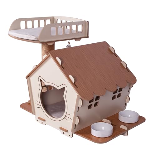 Katzenhaus 3 in 1 aus Holz – Höhle mit waschbarem Kissen, Kratzbrett aus Jute, Spielzeug zum Aufhängen und 2 integrierten Näpfen, kompaktes Design innen, 8 mm MDF, 38 x 45 x 55 cm, einfach zu Katzenhaus 3 in 1 aus Holz – Höhle mit waschbarem Kissen, Kratzbrett aus Jute, Spielzeug zum Aufhängen und 2 integrierten Näpfen, kompaktes Design innen, 8 mm MDF, 38 x 45 x 55 cm, einfach zu von Générique
