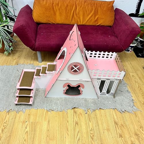 2-stöckiges Katzenhaus mit Terrasse - Katzenbungalow aus Holz für drinnen und draußen - Römersäulen-Katzenmöbel - wetterfest und komfortabel - für mehrere Katzen geeignet (weiß-rosa, N) von Generisch
