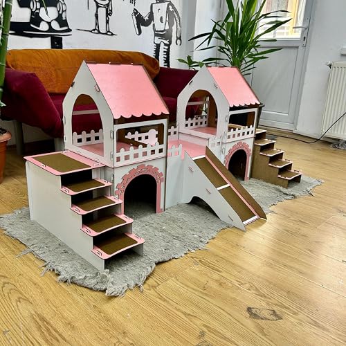 2-stöckiges Meerschweinchenhaus mit Holzbrücke & Terrasse – Großes Spielhaus für bis zu 4 Meerschweinchen – Inkl. Kuschelkissen – Handgefertigt aus Sperrholz (weiß-rosa, N) von Generisch