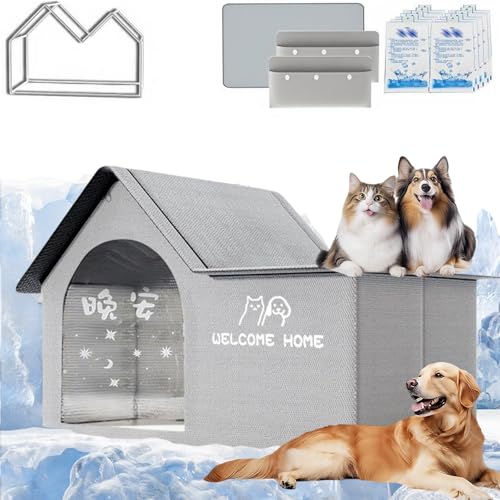 2025 Upgrades Air Conditioned Dog House, Foldable Dog House with Ac Unit, Pet Cooling House with Removable Pad & 10 Ice Packs for Small Medium Large Dogs and Cats (Gray Single top,L) von Generisch