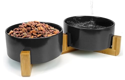 2X Keramik Hundenapf mit Bambus-Holz Ständer Anti-Rutsch Napfständer Doppelnapf 600ml für Katze & Hund Keramik spülmaschinenfest Futternapf (Schwarz) von Generisch