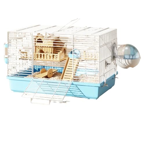 3-stöckiger luxuriöser Hamsterkäfig aus Massivholz - Panorama-Klarsicht, kaufeste, geräumige Villa für 6-8 Hamster mit leisem Stahl-Laufrad, abnehmbarem Boden und komplettem Zubehör (Blau) von Generisch