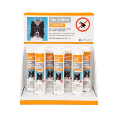 Alfavet Dia-Röhre von Dia Tab | 10er Pack | 10 x 12 x 5,5g | Ergänzungsfuttermittel für Hunde und Katzen bei Durchfall | Kann dabei helfen Durchfall bei Hund und Katze zu reduzieren von Alfavet