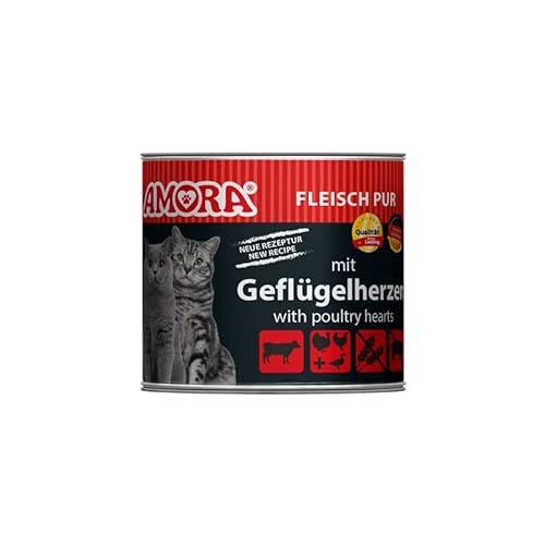 Amora Fleisch Pur Adult 6x200g | Katzenfutter aus Deutschland | auch als Probier- und Mixpaket erhältlich | Getreidefreies Futter mit hohem Fleischanteil (Geflügelherzen) von Generisch
