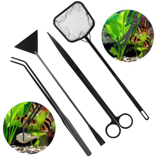 Aquarium Scaping & Cleaning Kit - 4-teiliges Set mit gebogener Schere, Pinzette, Sandspatel & Fischnetz - für Wasserpflanzen & Aquarien von Generisch