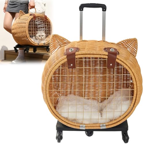 Bambus gewebter Haustierwagen mit Rädern, tragbare Outdoor-Tragetasche für Katzen und kleine Hunde, handgefertigtes Rattan-Weberei-Reiseetui Bambus gewebter Haustierwagen mit Rädern, tragbare Outdoor-Tragetasche für Katzen und kleine Hunde, handgefertigtes Rattan-Weberei-Reiseetui von Generisch