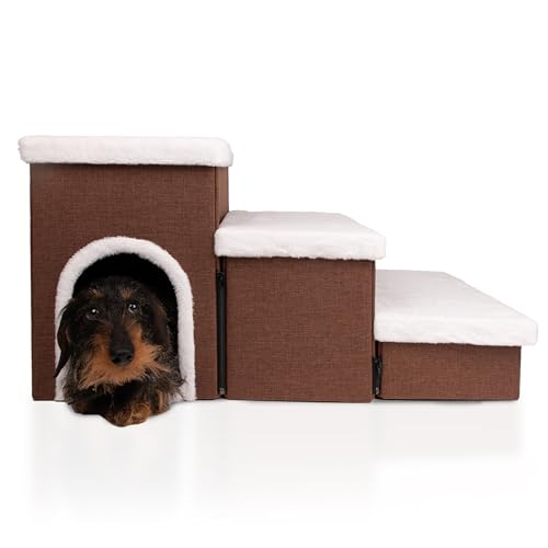 BOEFIE Hundetreppe mit hundebett - hundetreppe fur kleine und große Hunde - Hundetreppe fur Sofa und Bett – Hundetreppe mit viel Lagerfläche. (braun) von Generisch