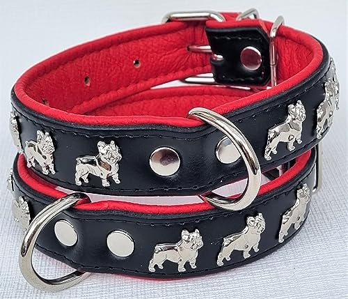 Bully Französische Bulldogge Frenchie Halsband - Halsumfang 30-39cm/30mm,Leder Schwarz-Rot von Generisch