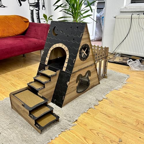 Bungalow Kaninchenhaus mit Terrasse & Heuraufe – 2‑stöckiges Premium‑Hasenhaus aus 3 mm MDF, handgefertigt & zerlegbar – Indoor/geschützter Outdoor Stall für 1–2 Kaninchen (Eiche-Schwarz, N) von Generisch