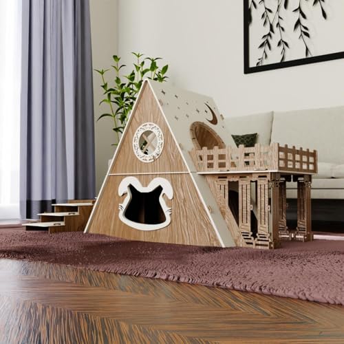 Bungalow Kaninchenhaus mit Terrasse & Heuraufe – 2‑stöckiges Premium‑Hasenhaus aus 3 mm MDF, handgefertigt & zerlegbar – Indoor/geschützter Outdoor Stall für 1–2 Kaninchen (Eiche-weiß, N) von Generisch