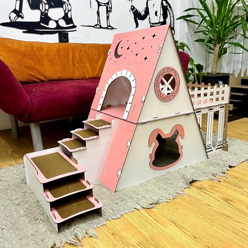 Bungalow Kaninchenhaus mit Terrasse & Heuraufe – 2‑stöckiges Premium‑Hasenhaus aus 3 mm MDF, handgefertigt & zerlegbar – Indoor/geschützter Outdoor Stall für 1–2 Kaninchen (weiß-rosa, N) von Generisch
