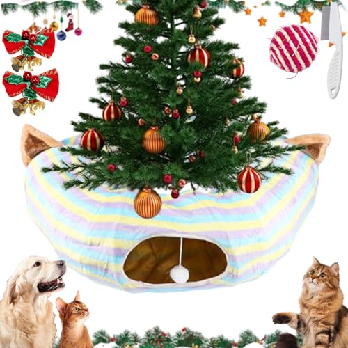 Cat Tunnel Christmas Tree, Weihnachtsbaum Tunnel Katzen, Round Cat Tunnel Under Christmas Tree, Multifunctional Soft Foldable Christmas Cat Tunnel Tree Skirt for Indoor (Colorful Stripes, One Size) von Generisch
