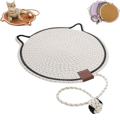 Celery Pets Dual Kratzmatte, Katzenkratzmatte Natürliches Baumwollseil Katzenkratzpad, Katzenförmige Katzenseil Katzenkratzbrett Interaktiver Ball Katzenkratzmatte für Innen (Weiß, M) von Generisch