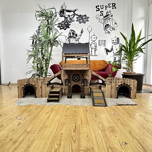 Colony Kaninchenhaus – 3 Etagen mit Terrasse & Holzbrücke – Für 4 Kaninchen geeignet – Indoor Stall aus Holz – Mit Rampen & Kissen – Modernes Kleintiermöbel (Eiche – Schwarz, N) von Generisch