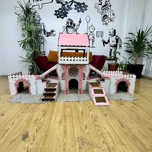 Colony Kaninchenhaus – 3 Etagen mit Terrasse & Holzbrücke – Für 4 Kaninchen geeignet – Indoor Stall aus Holz – Mit Rampen & Kissen – Modernes Kleintiermöbel (Weiß-Rosa, N) von Generisch